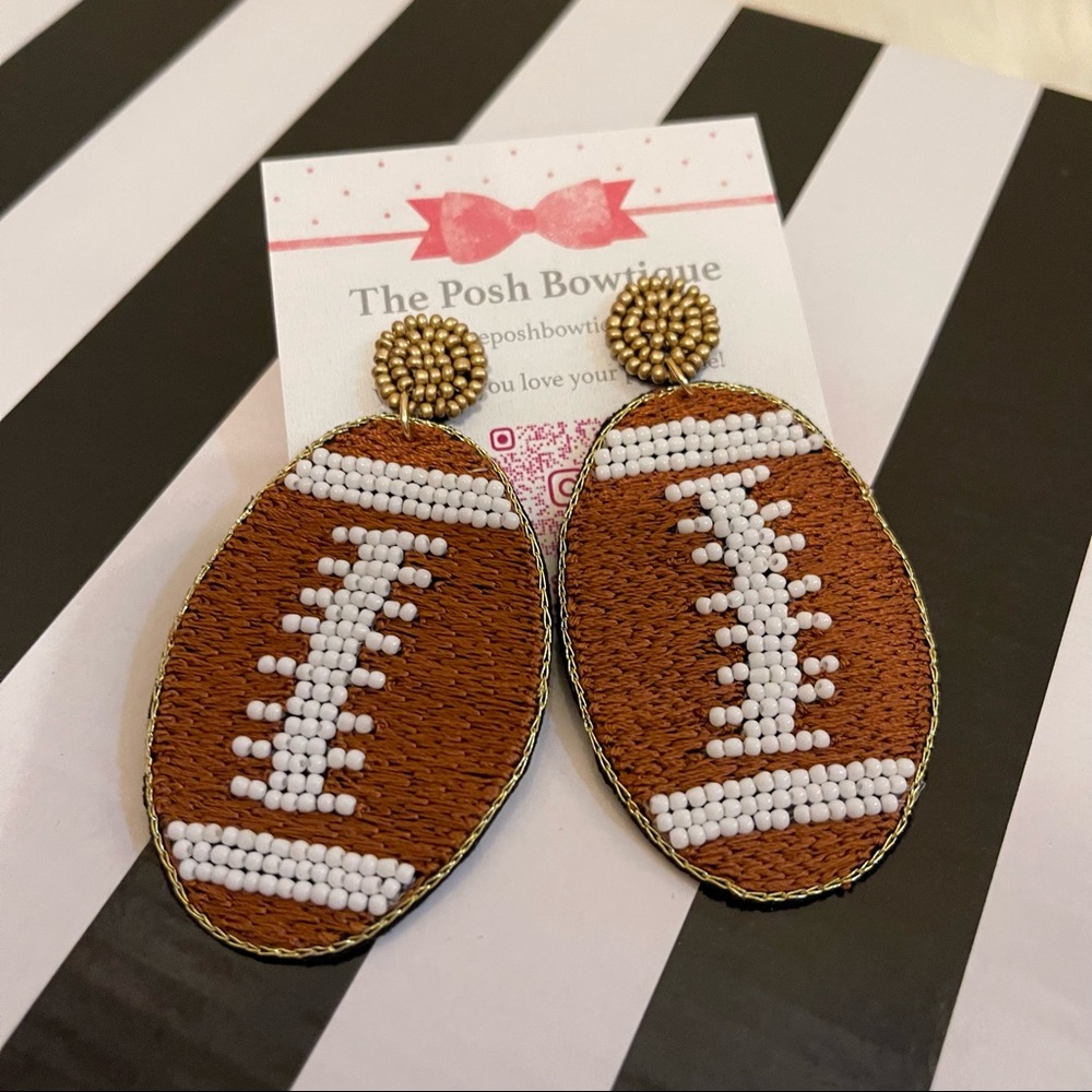 Football Seed Beaded Game Day Brown Oval Earrings with White Bead Laces - Picture 5 of 10